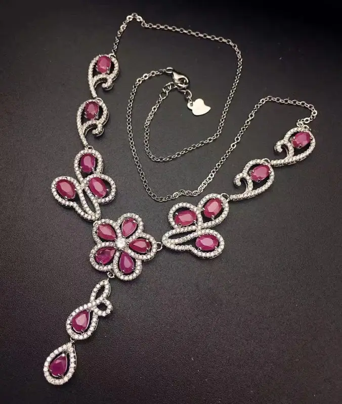 Natural red ruby gem Necklace natural gemstone Pendant Necklace S925 silver trendy Luxury fashion flowers women wedding Jewelry