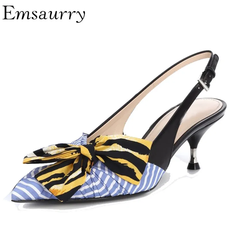 Fairy Kitten Heel Pumps Women Sexy Pointy Toe Slingbacks Back Strap Printed Butterfly-knot Women Shoes