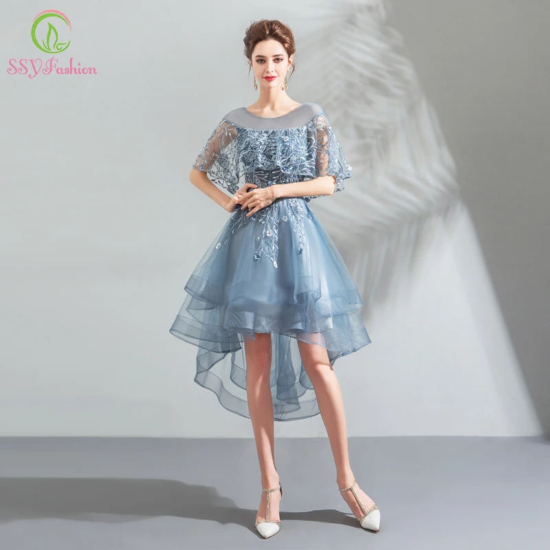 

SSFashion New Banquet Elegant Grey Blue Cocktail Dress Lace Embroidery Short Front Long Back Evening Party Gown Robe De Soiree
