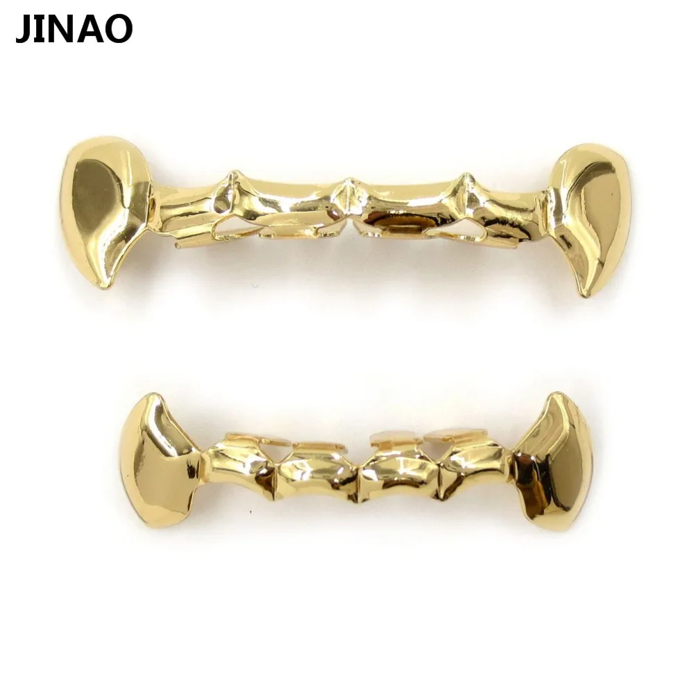 

JINAO Fang Grill Set Pure Gold Color Plated Half Teeth Dracula Vampire Slim Grills Gold Top&Bottom Grillz set Hiphop grills sets