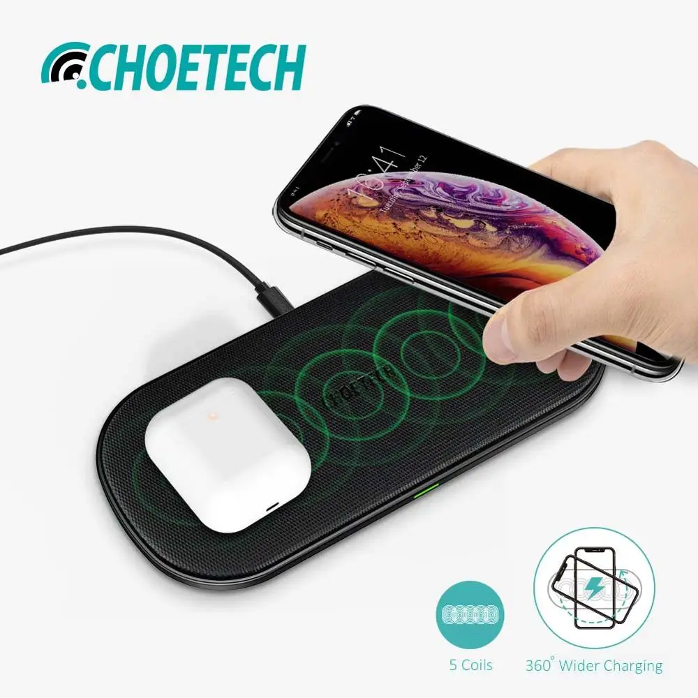 

CHOETECH Dual Wireless Charger 5 Coils Qi 10W Fast Charging Pad Compatible for iPhone X XS Max Samsung S8 S9 S10 New AirPods