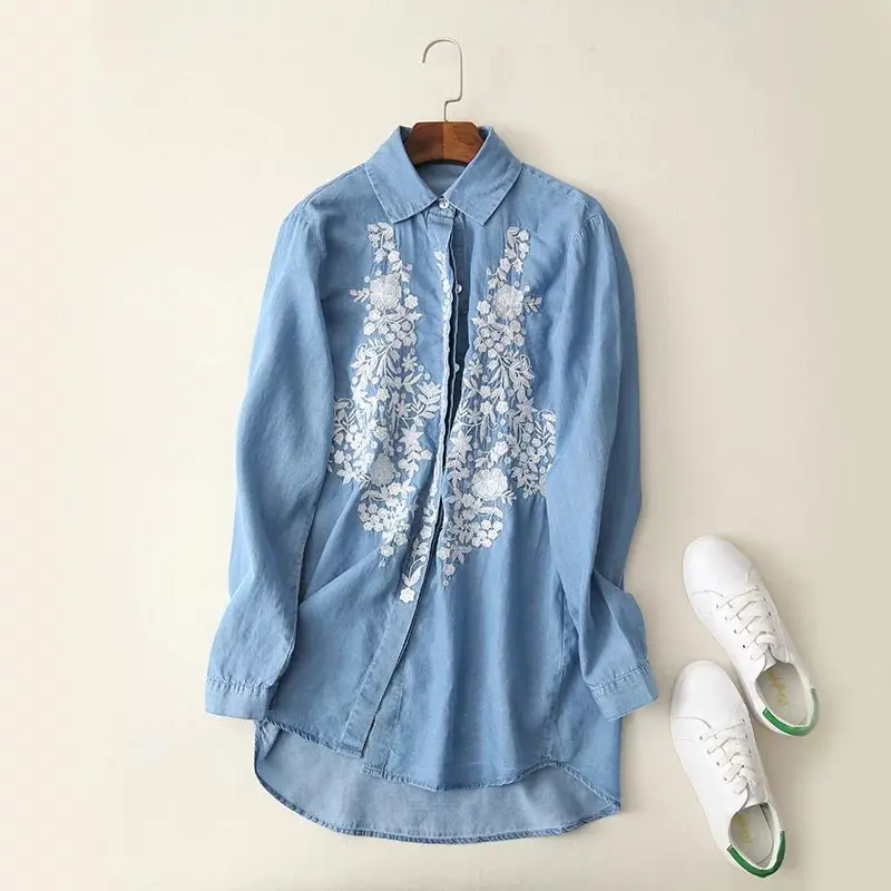 Moonbiffy/Модная женская элегантная рубашка для беременных с цветочной вышивкой и длинным рукавом, отложным воротником, Женская винтажная синяя блузка, топы