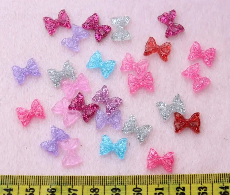 

300pcs Hello Kitty Bow Resin Flatback Bling Deco Decoden mixed colors cabochons 12mm sale glitter bow