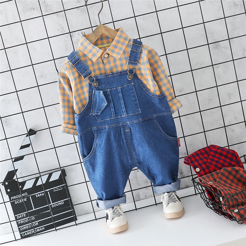 HYLKIDHUOSE/ г.; одежда для малышей; комплекты одежды для маленьких девочек и мальчиков; рубашка в клетку с отворотом; джинсы на подтяжках; Детский костюм