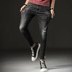 Мужская мода высокого стрейч джинсы Мужской середине талии Повседневное Тонкий классические джинсы прямые джинсовые рваные джинсы