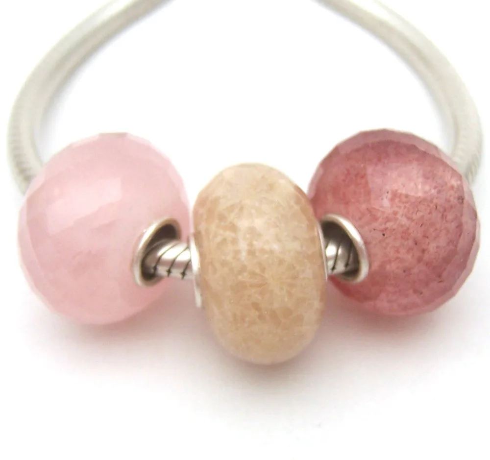 

SBSSG09 3X 100% S925 Sterling Silver Beads Gemstone Coralline Horse powder Strawberry Quartz Fit European Charms Bracelet charms