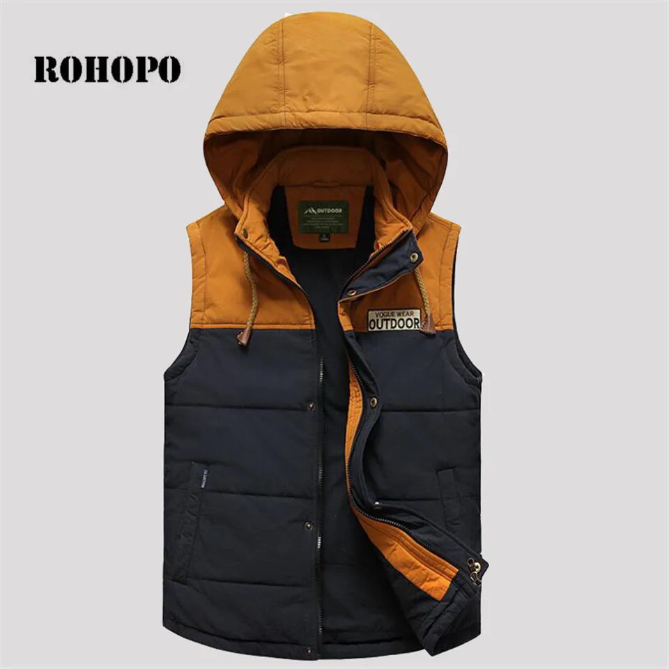 

ROHOPO Hooded collar cotton waistcoat man,patch design thick sleeveless Parkas men,keep warm deportes vest safari coat 2019