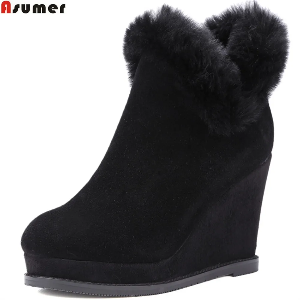 

ASUMER fashion women boots black gray new arrive ladies cow suede boots round toe zipper fur wedges ankle boots keep warm