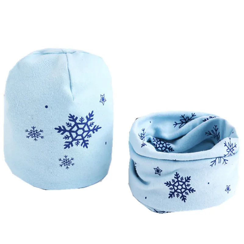 light blue snow set Новая весенне-Осенняя шапка для девочек, шарф, комплект с рисунком совы, звезды, лебедя, шапка для маленьких мальчиков и девочек, детская шляпа, шарф-воротник, комплект хлопковой детской шапки - Цвет: light blue snow set