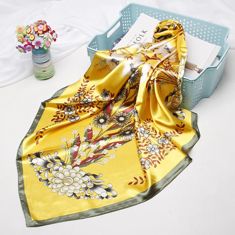 

Women Fashion Square Scarf Aztec Style Flower Floral Print Yellow Shawl Hijab Wraps for Stylish Ladies Girls Accessories 90*90cm