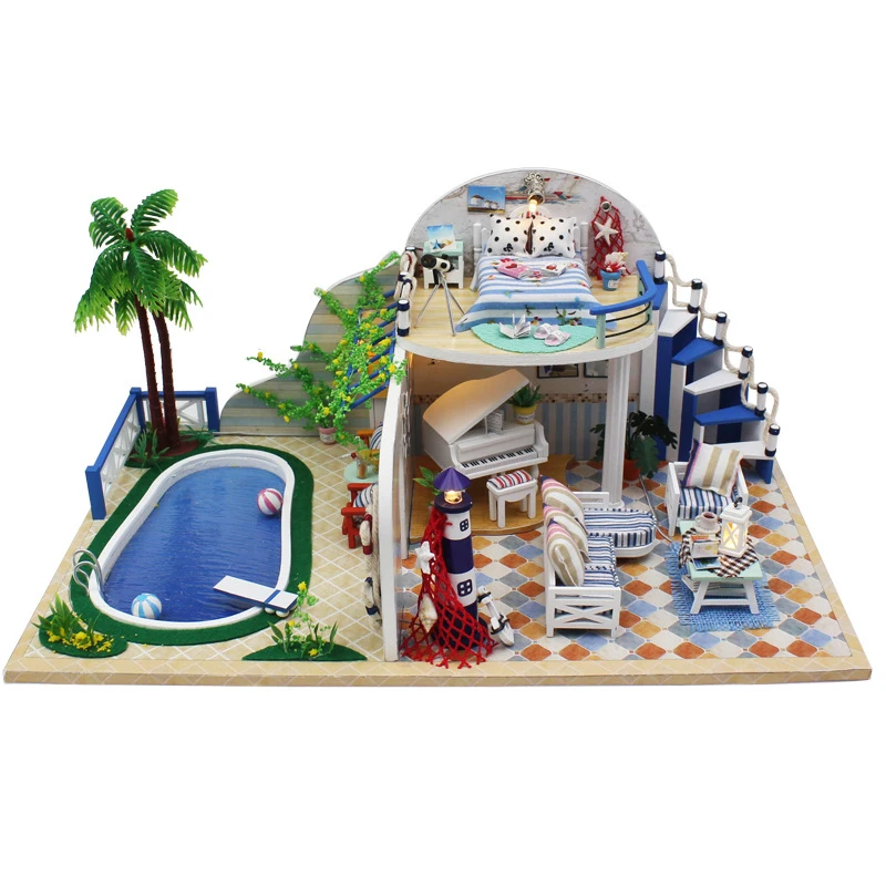 

Elegant Doll House Miniature DIY Dollhouse With Furnitures Retro Style 3D Wooden House Toys Clear Summer Villas X003 #E