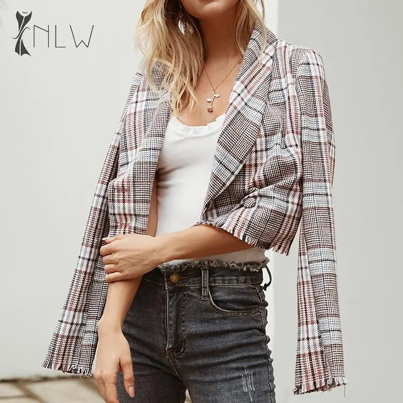 

NLW Plaid Short Blazer Jackets Women Winter Tassel Streetwear Cropped Blazers 2019 OL Button Elegant Blazer Outerwear