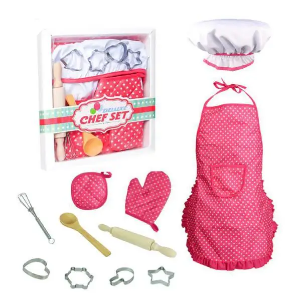 11pcs Kitchen Cooking Set Chef Apron Cap Glove Props, Whisk Cake Molds Tools Kit Toy Kids Development Educational Pretend Play