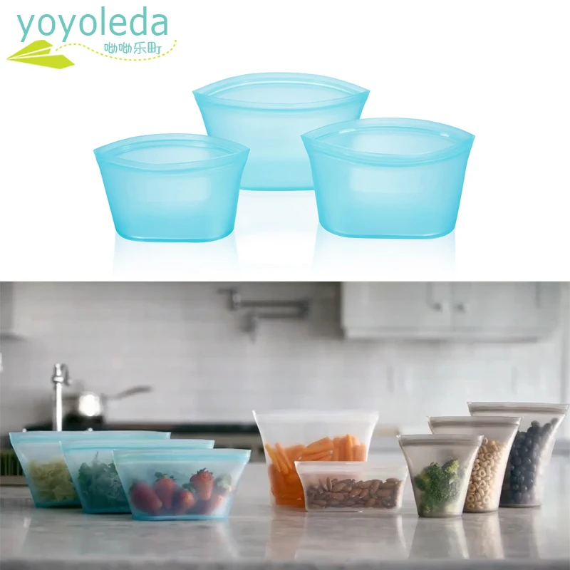 

3pcs Reusable Silicone Food Bag Fresh Sealed Preservation Leakproof Bags Seal Storage Container Refrigerator Ziplock Bag