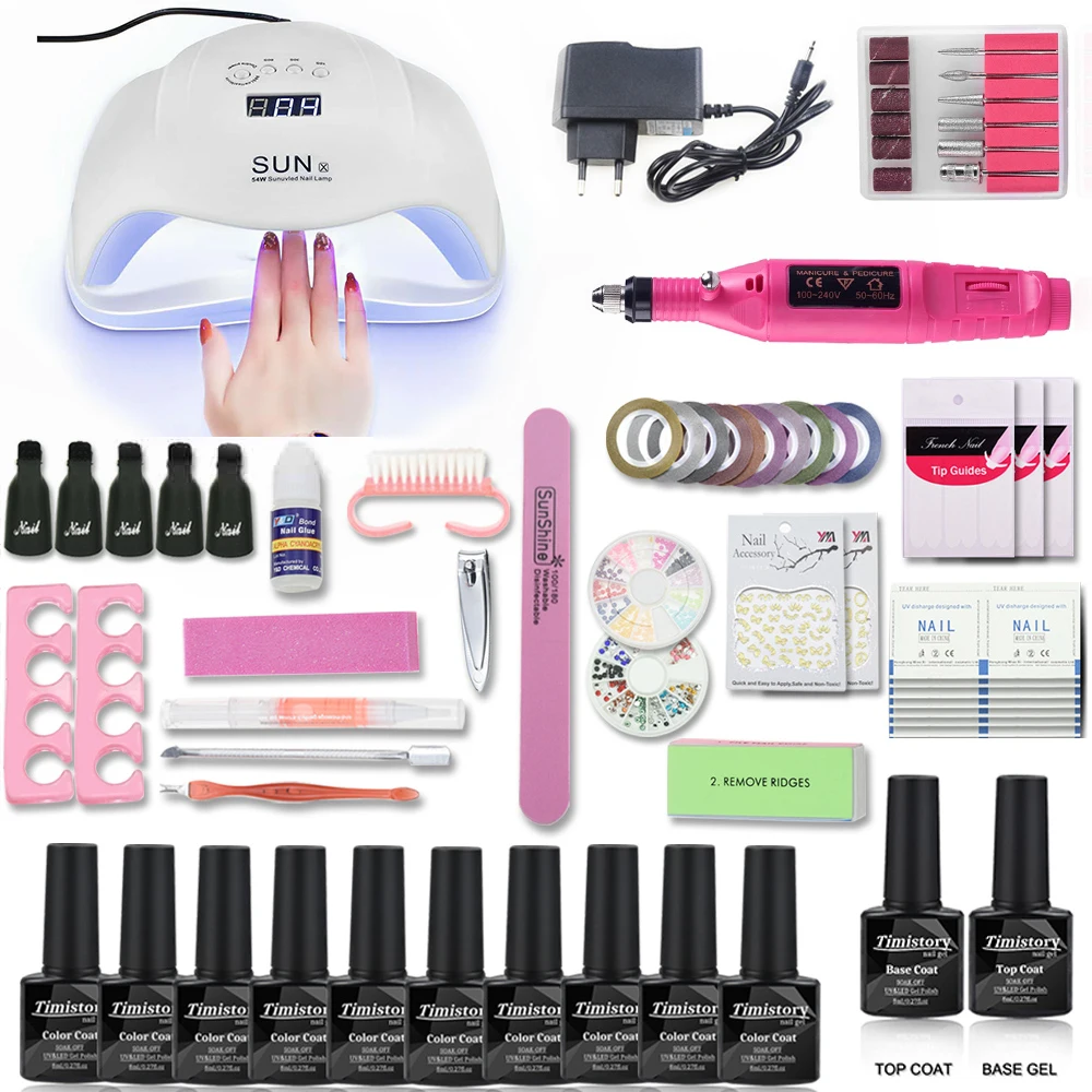 

54/36W led lamp timer nail dryer 10 colors uv gel polish nail set uv gel polish with Nail drill machine manicure tools