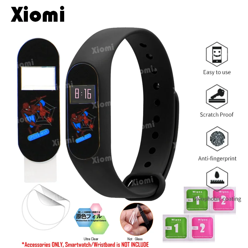 

4Pcs/Lot(2Films+2Wipes)For Xiaomi Miband Mi Band 2 Band2 Protector Cover Marvel Super Hero Batman Spider Iron Man Film Guard