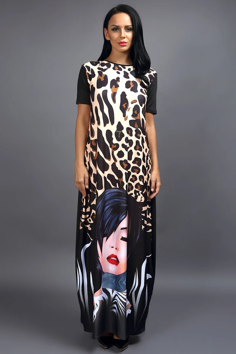Kostlich Women Dress O-Neck Leopard Beauty Face Print Dress Sexy Women Maxi Long Dresses Plus Size Loose Casual Womens Clothing (14)