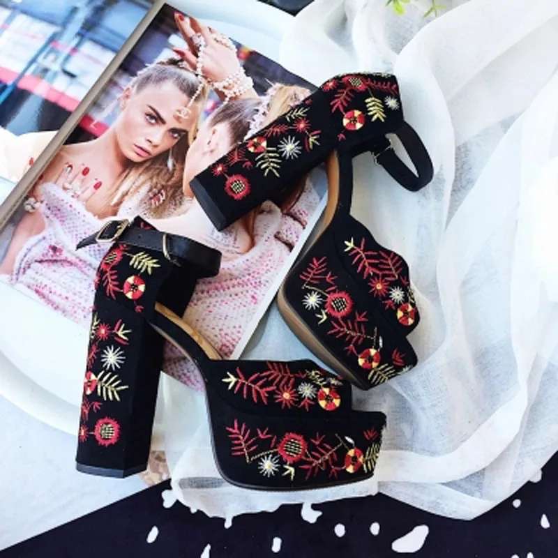 floral embroidered pointed toe chunky heeled sandals