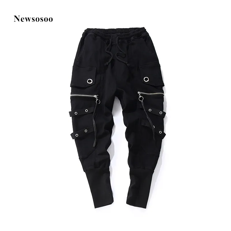 Newsosoo Мода Drawstring Для мужчин джоггеры Штаны ленты молния хип-хоп Уличная Хлопок