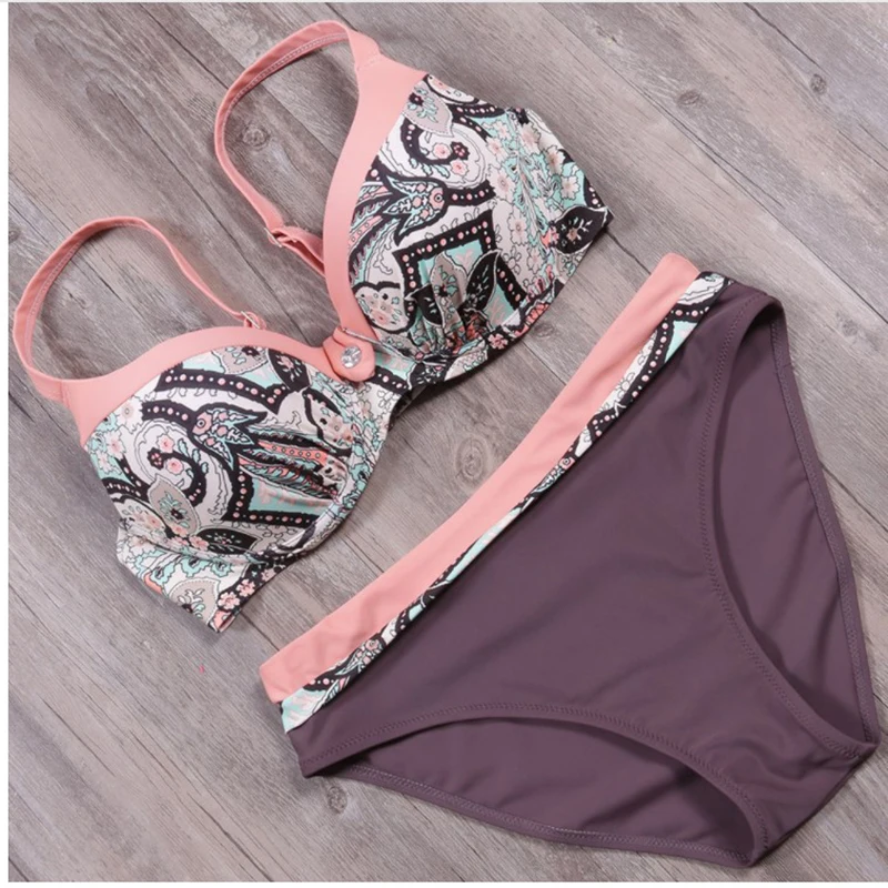 

sexy vintage print patchwork underwire low waist deep V brand triangle multi colors girl women bikini set swimwear new swimsuit