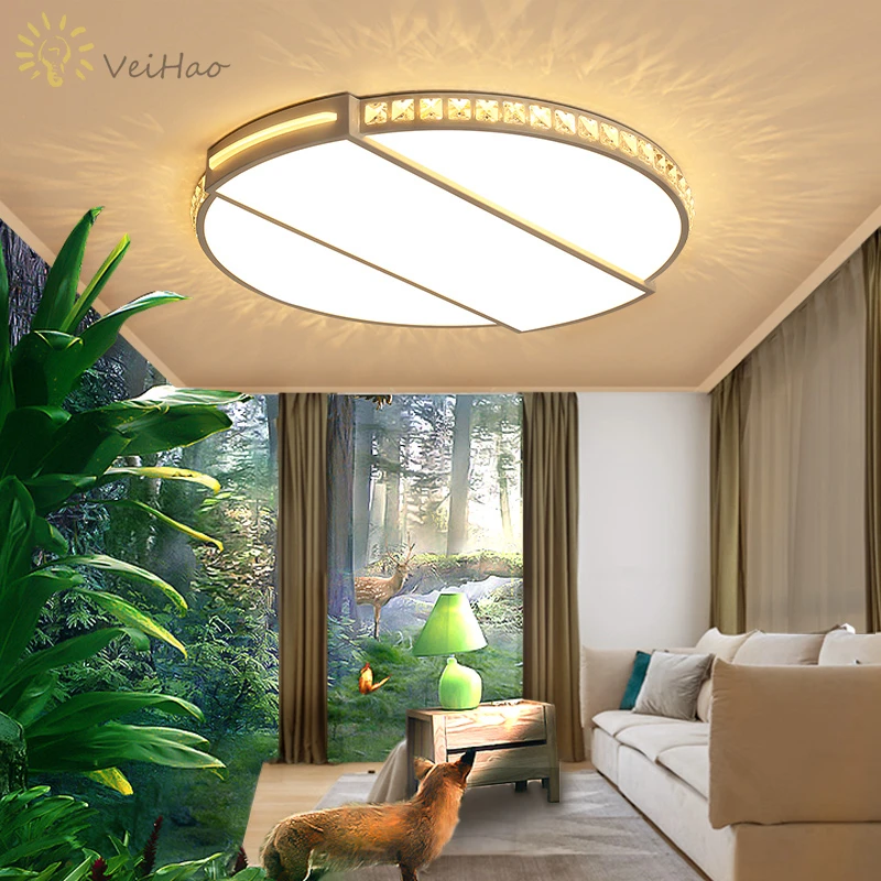 

VEIHAO Round K9 Crystal Modern LED Ceiling Light Life Study Restaurant Bedroom White Surface Mount Ceiling Lamp Fixing Fixture