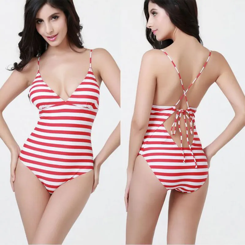 

Wholesale Swimwear Bandage One Piece Swimsuit 2016 Monokini Retro Bathing Suit Swimming Suit For Women Stripe Swim Suit Swimwear