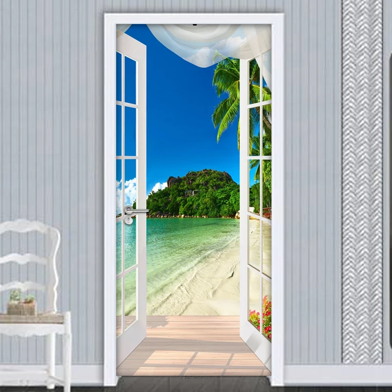 3D Sticker Window Beach Seaside Photo Mural Wallpaper PVC Self Adhesive Door Sticker Living Room Bedroom Wall Papers Home Decor