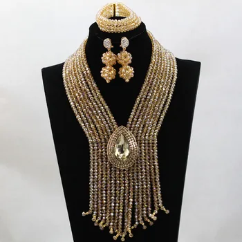 

New Design Champagne Gold Crystal Handmade African Costume Jewelry Sets Women Party Beads Lace Jewelry Sets Free Shipping HX559