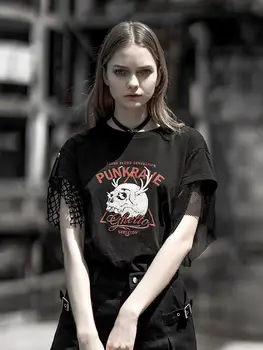 

PUNK RAVE Women's Punk Classic Printed T-Shirt with Sleeve Mesh Gothic Black Short Sleeve Summer T-shirt