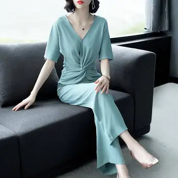 

Summer women's suit Pant 2 Piece Set Solid Short Sleeve Blouse & wide leg Trousers Suit for Women 2019 Women's Office