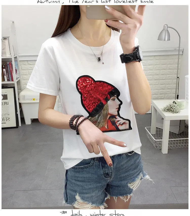 New Summer T-shirt Women Tshirt Plus Size Funny Print Tops Tees Femme Short Sleeve Sequins Poleras Mujer Moda 2018 (4)