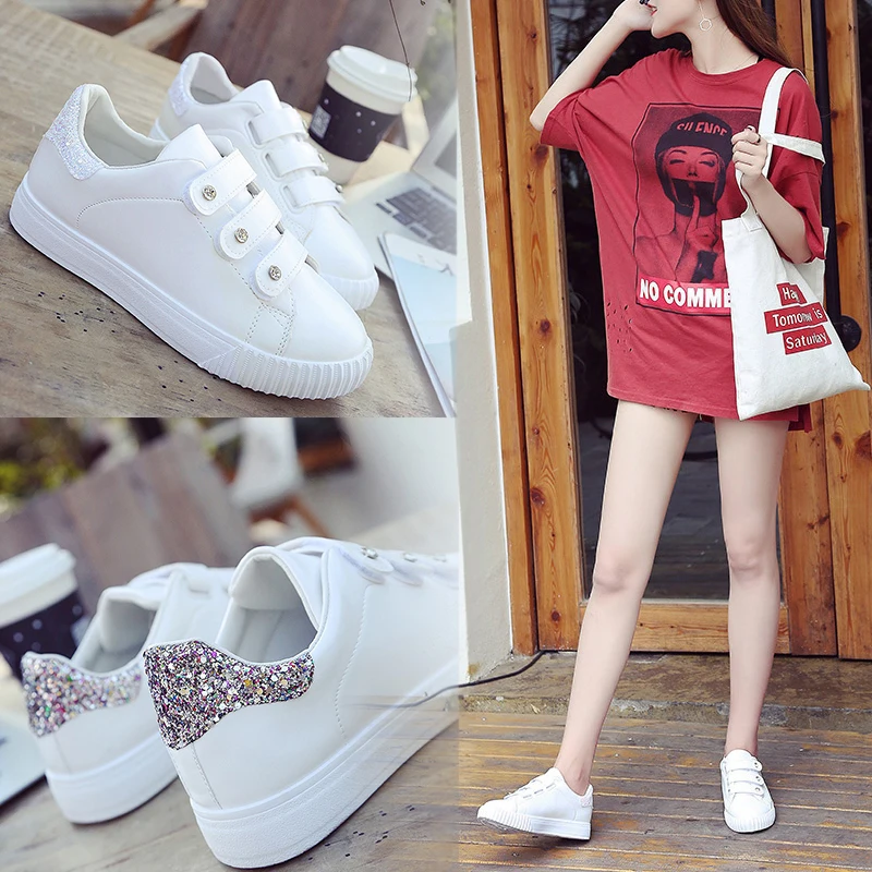 

White women 2018 new spring sequins Women Tennis Feminino wild leather shoes fashion casual breathable platform shoes