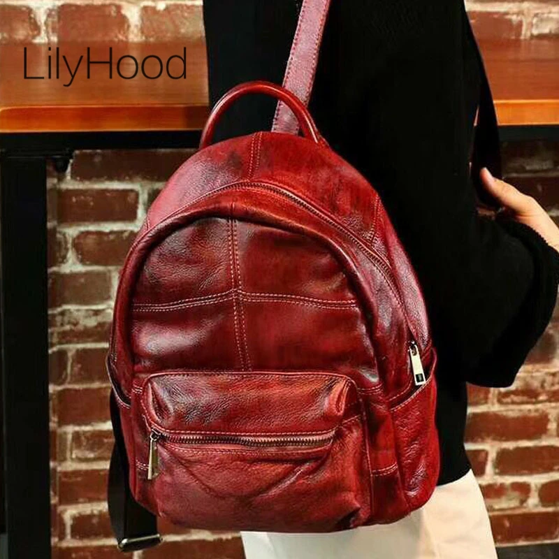 

Cowhide Brushed-off Leather Backpack Women Vintage Genuine Leather Knapsack Female Casual Retro Daily School Student Packsack