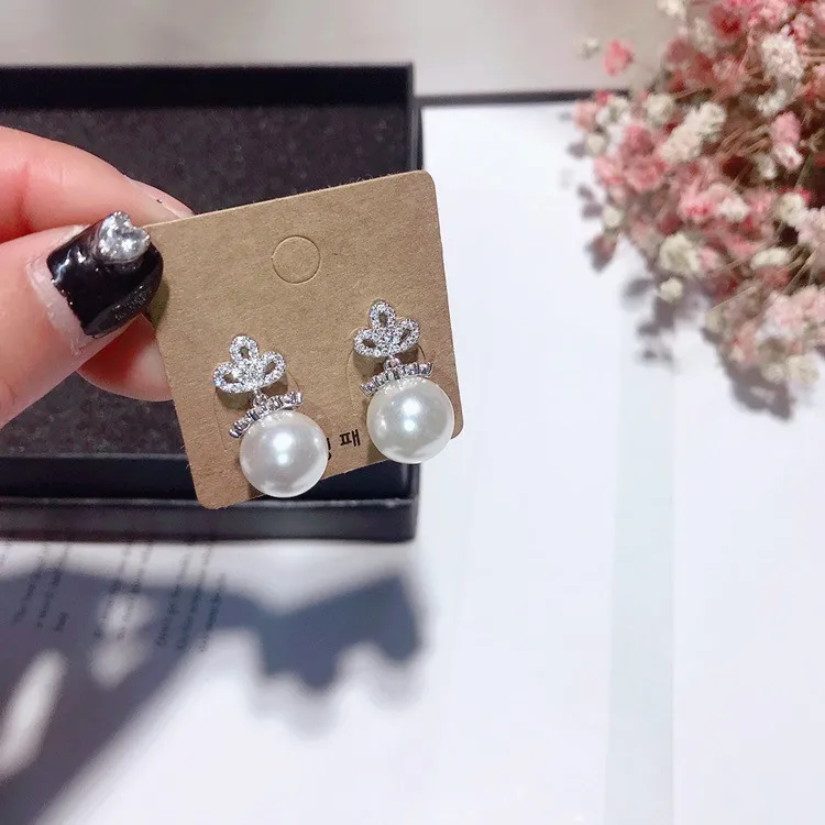crown pearl cz earrings silver stud Hypoallergenic fadeless alloy fashion jewelry stud earrings for women gift