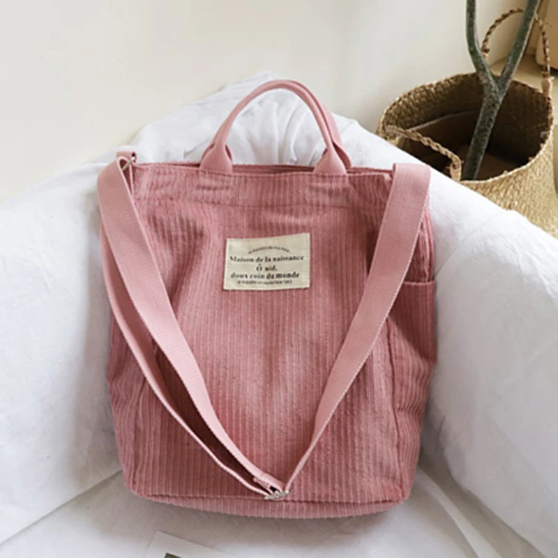 

Teenager Casual Big Tote Bag Korean Style Fashion Corduroy Big Capcity Shoulder Bag Fabric School Daily Everyday Messenger Bag