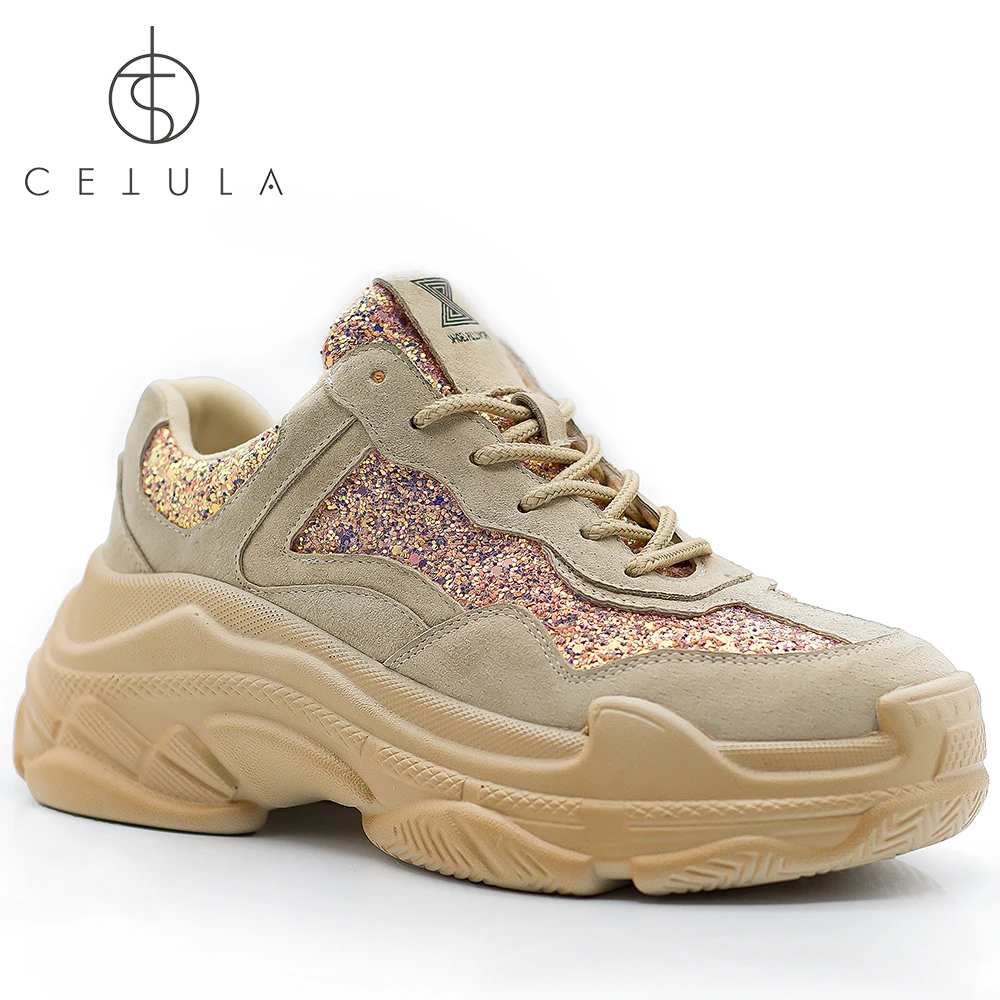 

@Cetula 2019 Urban Walk Veries Glitter Lace-up Suede Genuine Leather Women Atheletic Sneakers ft. Overisze Stacks Outsole