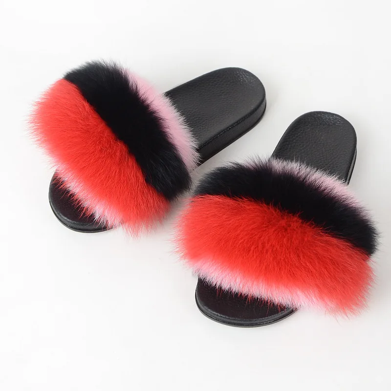 

2019 Real Fox Fur Slippers Soft Fur Slides Shoes Slippers With Fur Flip Flops Mixed Color Furry Slippers Shoes Women