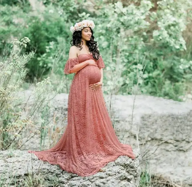 Кружевные платья для беременных с открытыми плечами для фотосессии; реквизит для беременных женщин; Новинка - Цвет: Pink 02