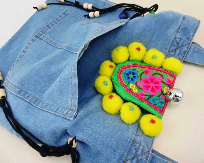 Bolsa de Compras Bolsas de Ombro Bolsas de Viagem Vintage Denim Boêmio Hobo Bolsala Hmong Bordados Bolsas Grande Colorido Pom Charme 1007 11 bolsas grande saco de compras sacos de