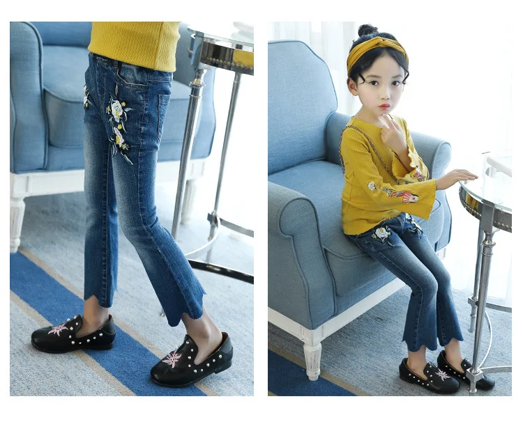 Kids Girls Flower Embroidery Blue Flared Jeans 12