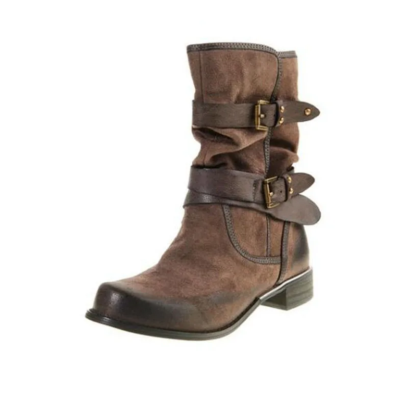 

Women mid calf boots autumn winter low heels faux leather ladies shoes buckle strap platform riding boots plus size botas mujer