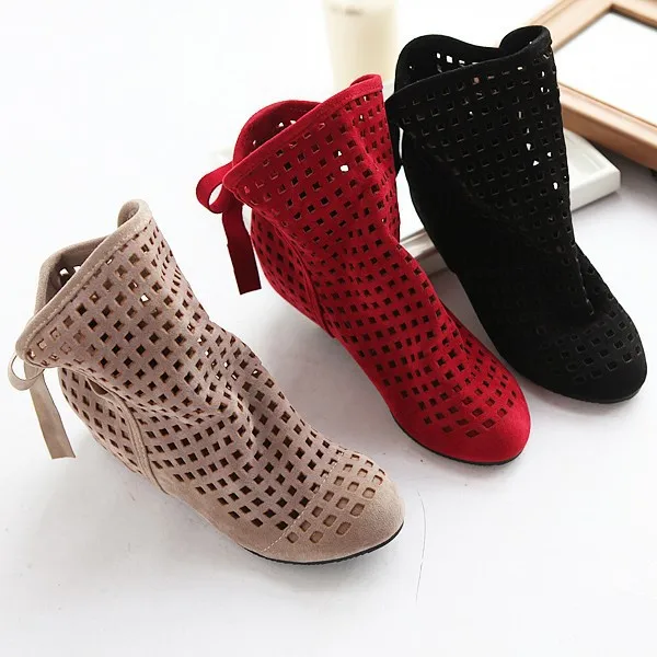 

Summer Hollow Sexy Sweat Increasing Height Ankle Boots Women's Gladiator Lace Up Bandage Boots Shoes Plus Size 35-43