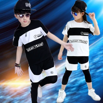 

2016 spring summer children's clothing set Boy Girl Costumes black white jazz Hip Hop dance Pants & T-shirt kids suits