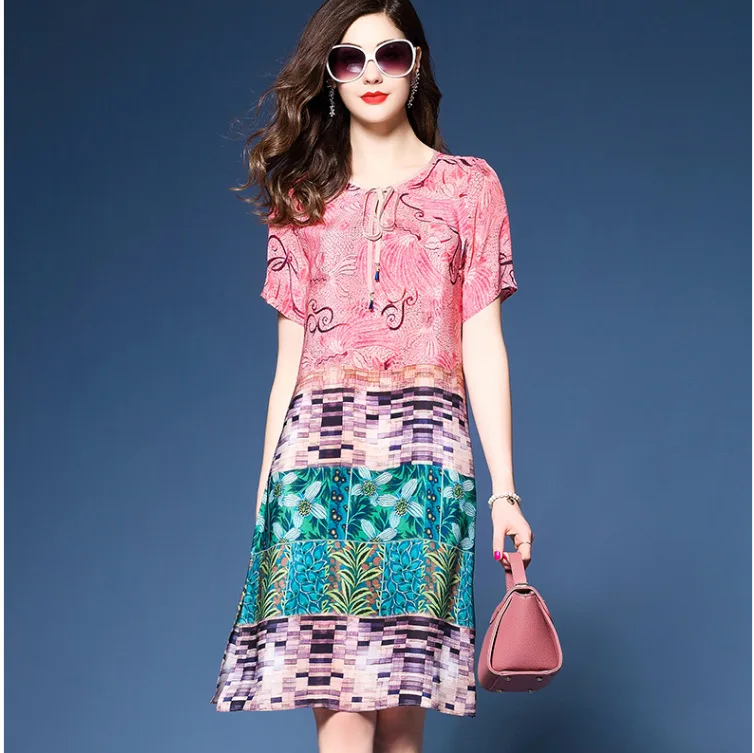 

New 2018 Spring Summer Vintage Multicolor Floral Vacacion Dresses Plus Size 3XL Side Split Elegant Silk Dress For Women Vestidos