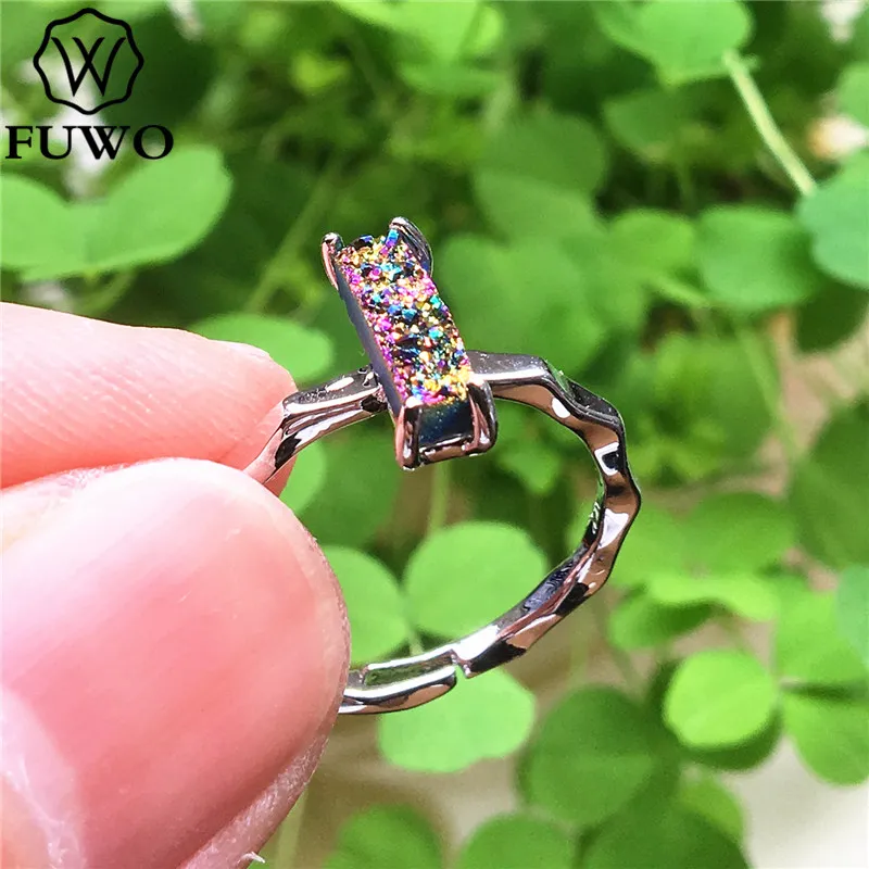 FUWO прямоугольное кольцо аура Друза с 24 К золотым наполнением минималистичный дизайн необработанные кольца друзы для женщин Регулируемый размер RG018