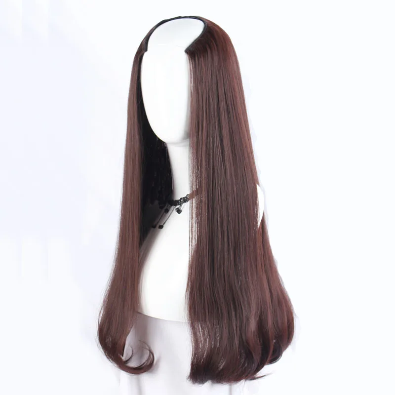 

Gres Wavy Dark Brown U Part Wigs Machine Made Long Artifical Hair Synthetic Femme Half Wig Solid High Temperature Fiber