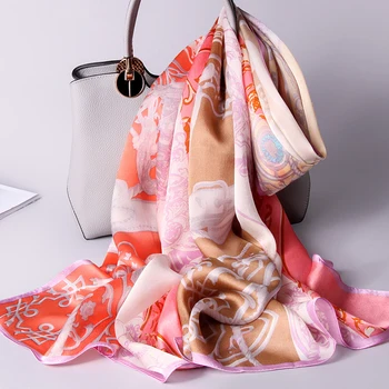 

Women 100% Real Silk Scarf Long Scarves Vintage Print Shawl Wraps Ladies Pure Natural Silk Neckerchief Foulard Femme 170x65cm