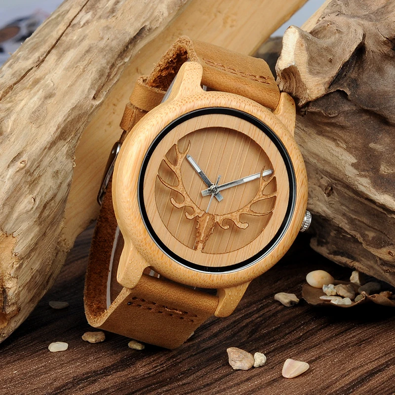 BOBO BIRD Hollow Skeleton Engraved Deer Head Bamboo Wood Watch Japan Movement 2035 Quartz Watch with Leather Strap for Mens
