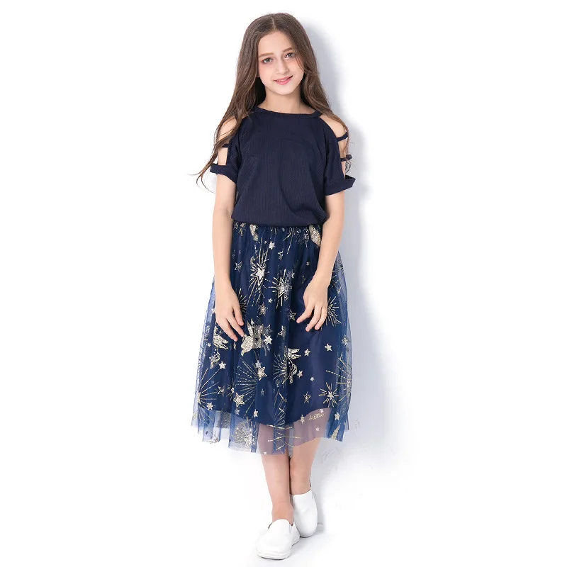 

2019 Fashion Teenager Girls Clothing Set Summer Big Girl Off-shoulder T shirt+Mesh Skirt two-piece Suits for kids 6 10 12 14Year