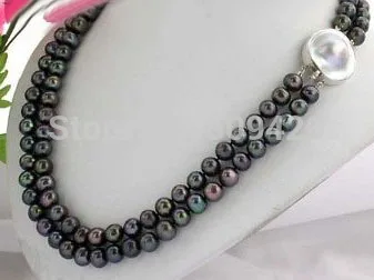 

~~ Free Shipping >>Stunning 2strands 9mm black round pearl Necklace 17-19